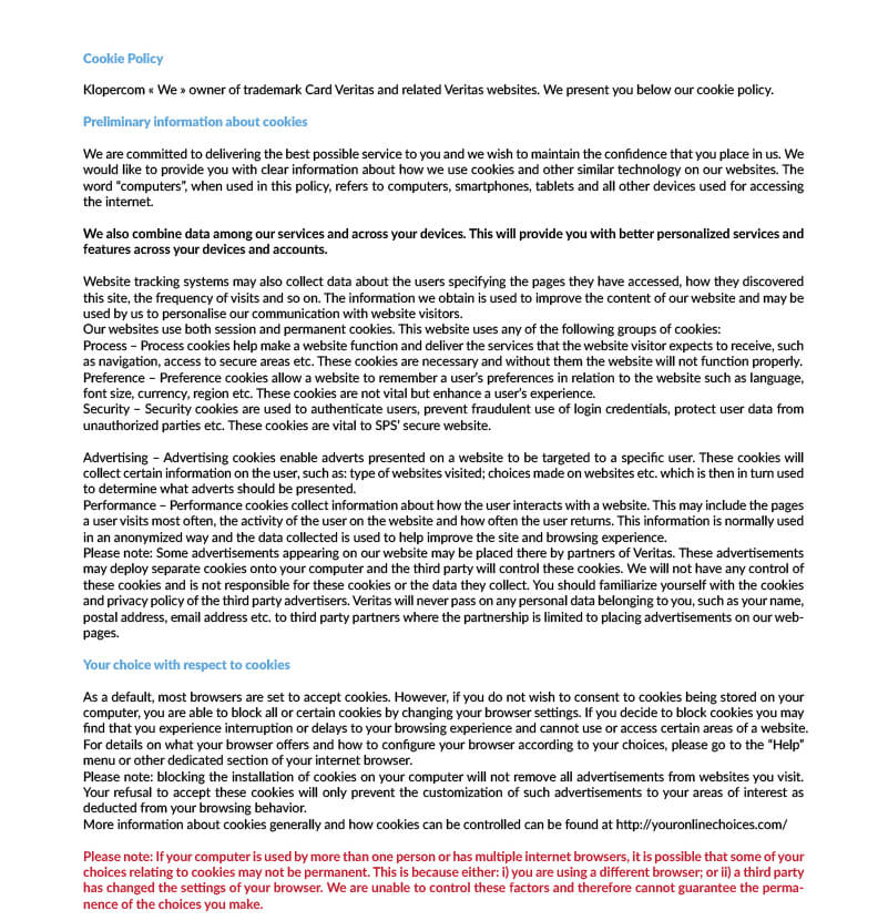 Политика использования файлов cookie Veritas — page 1/9