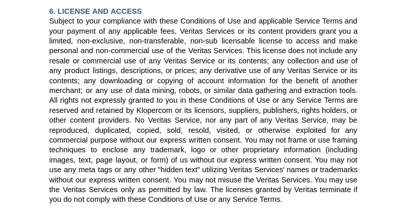 Veritas conditions of use