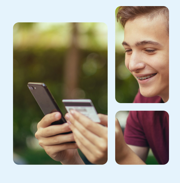tenåring holder et forhåndsbetalt kort og smarttelefon